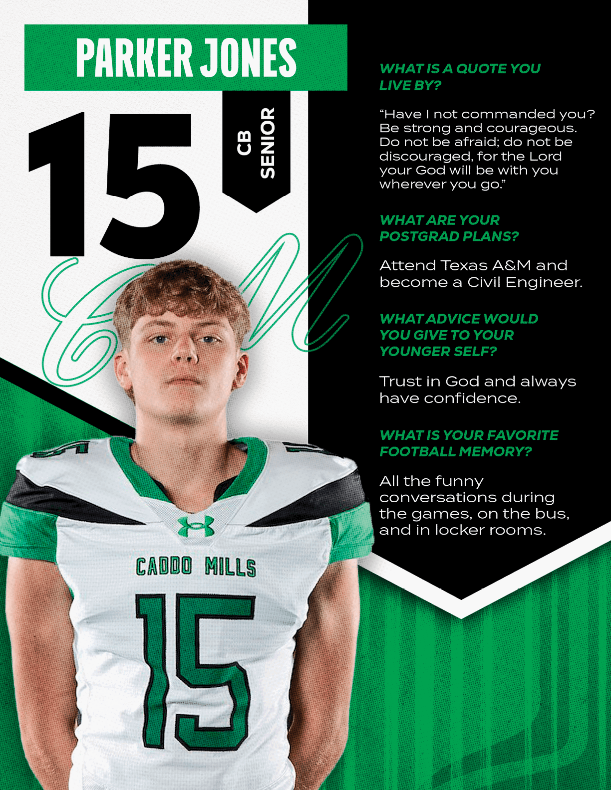 A person wearing a white and green football jersey with the number 15 stands in front of a graphic background featuring the name Parker Jones, senior status, and text about quotes, postgrad plans, advice, and favorite football memories. Descripci n generada con IA