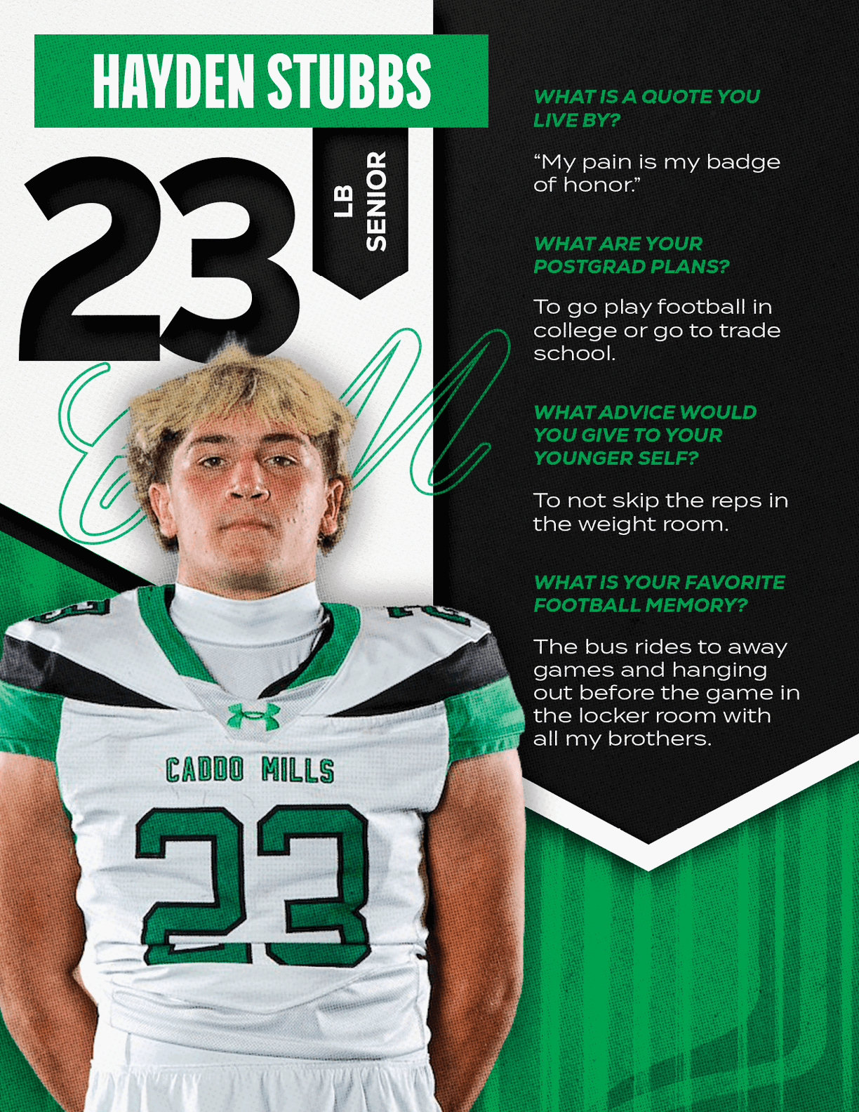 An adult wearing a football uniform with the number 23 stands next to text sharing personal quotes about pride, future plans, advice to younger self, and a favorite football memory. Descripci n generada con IA