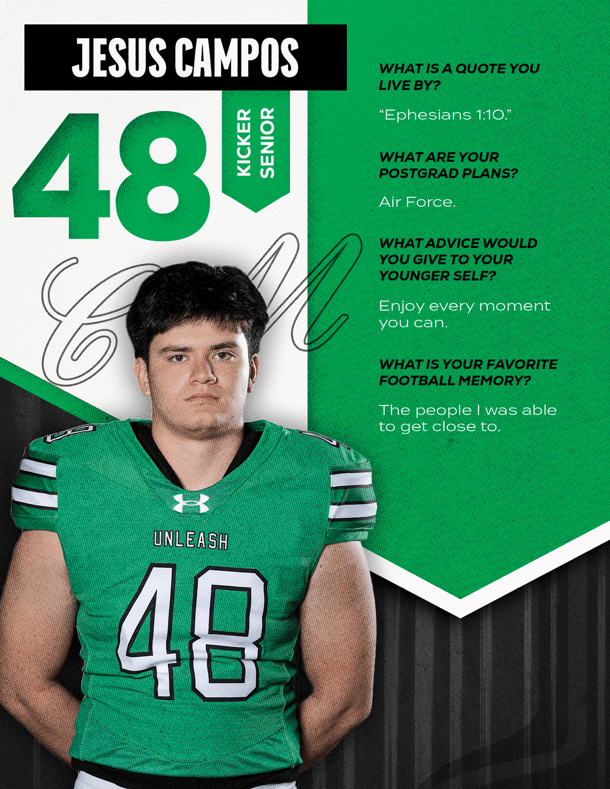A person wearing a green football jersey with the number 48 stands against a green and black background with text about their name, position as a senior kicker, a quote, postgrad plans, advice to younger self, and favorite football memory. Descripci n generada con IA
