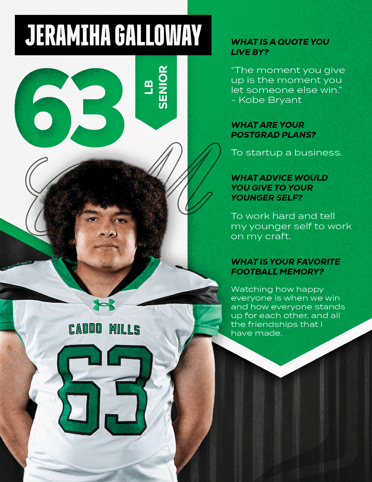 A person wearing a white and green football jersey with the number 63 stands next to text featuring their name Jeramiha Galloway, position LB Senior, and quotes about life, postgrad plans, advice to younger self, and favorite football memory. Descripci n generada con IA
