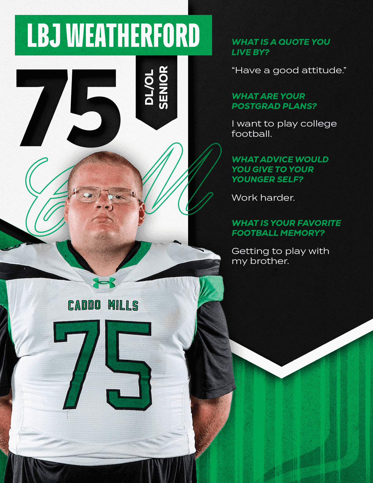 A person wearing a white and green football jersey with the number 75 stands next to text highlighting their name, class year, and answers to questions about a favorite quote, postgrad plans, advice to their younger self, and a favorite football memory. Descripci n generada con IA