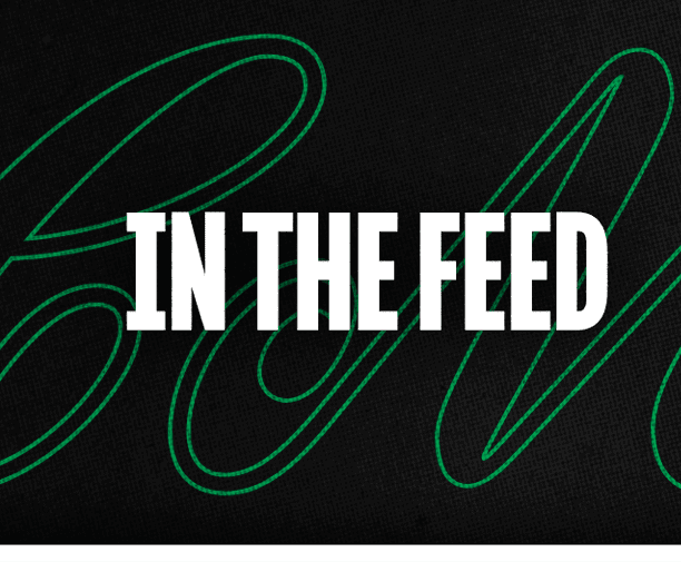 The text “IN THE FEED" is displayed in bold white letters over a dark background with a subtle green abstract line pattern. Descripci n generada con IA