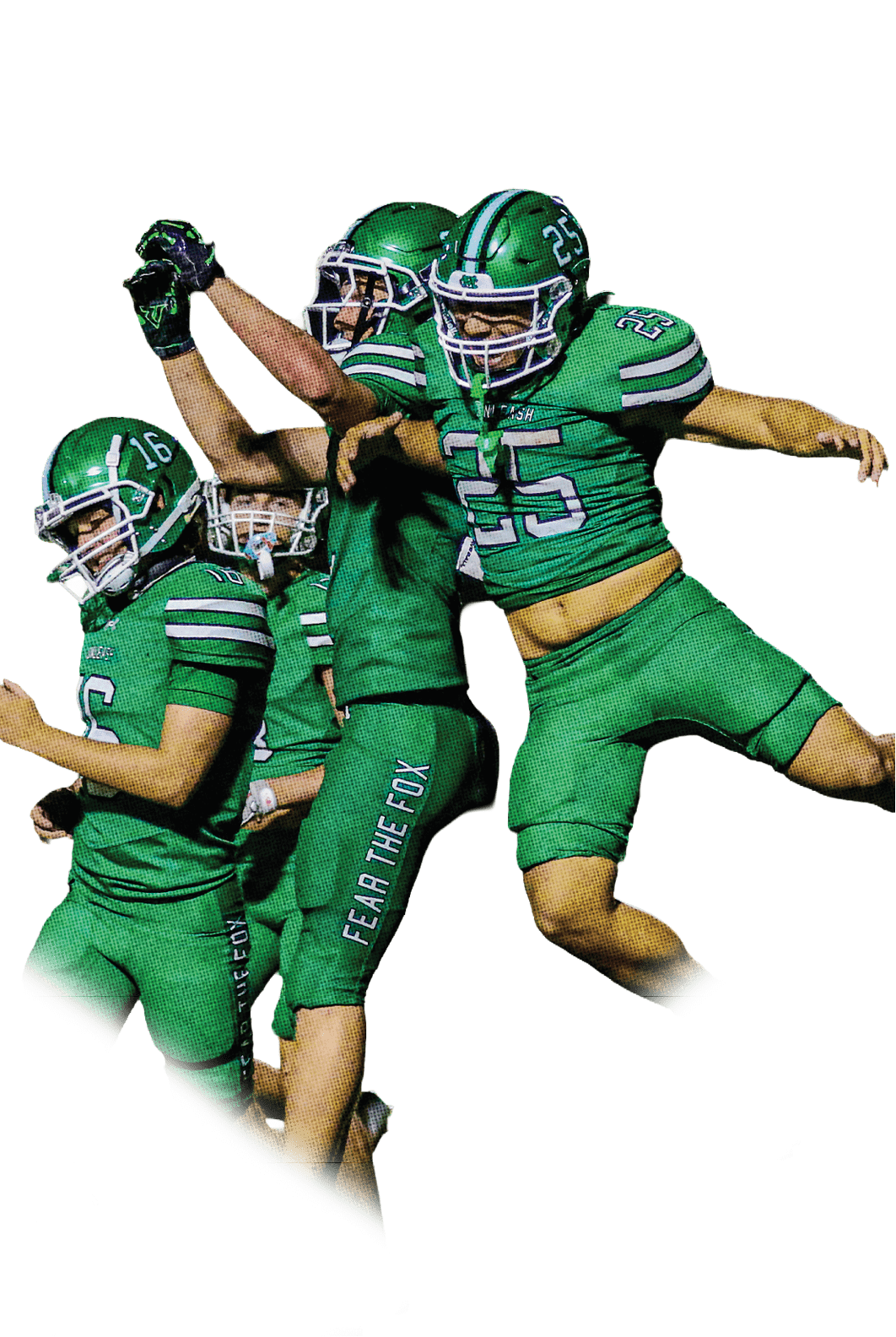Three people in green football uniforms are celebrating energetically on a football field at night. Descripci n generada con IA