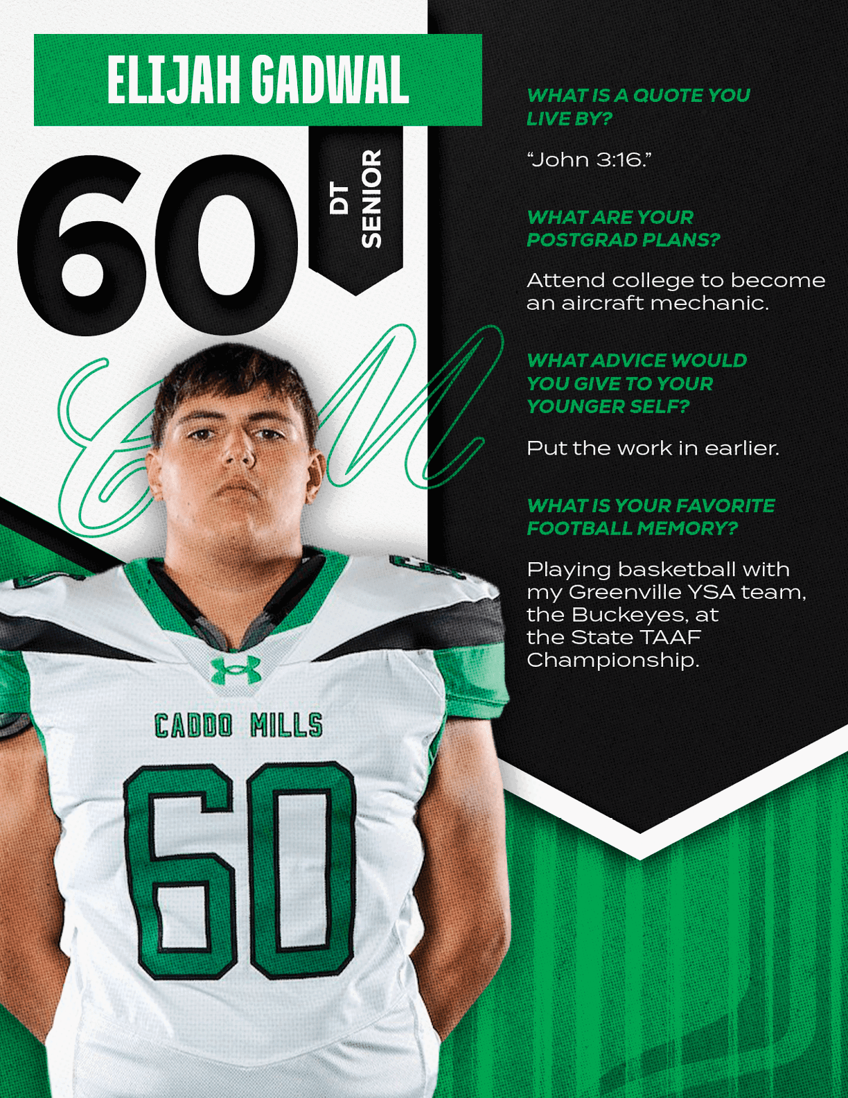 A person wearing a white and green sports jersey with the number 78 and a white head covering stands next to text featuring their name Luke Westmoreland, position LG Senior, and answers about their work ethic, postgrad plans, advice to younger self, and favorite football memory. Descripci n generada con IA