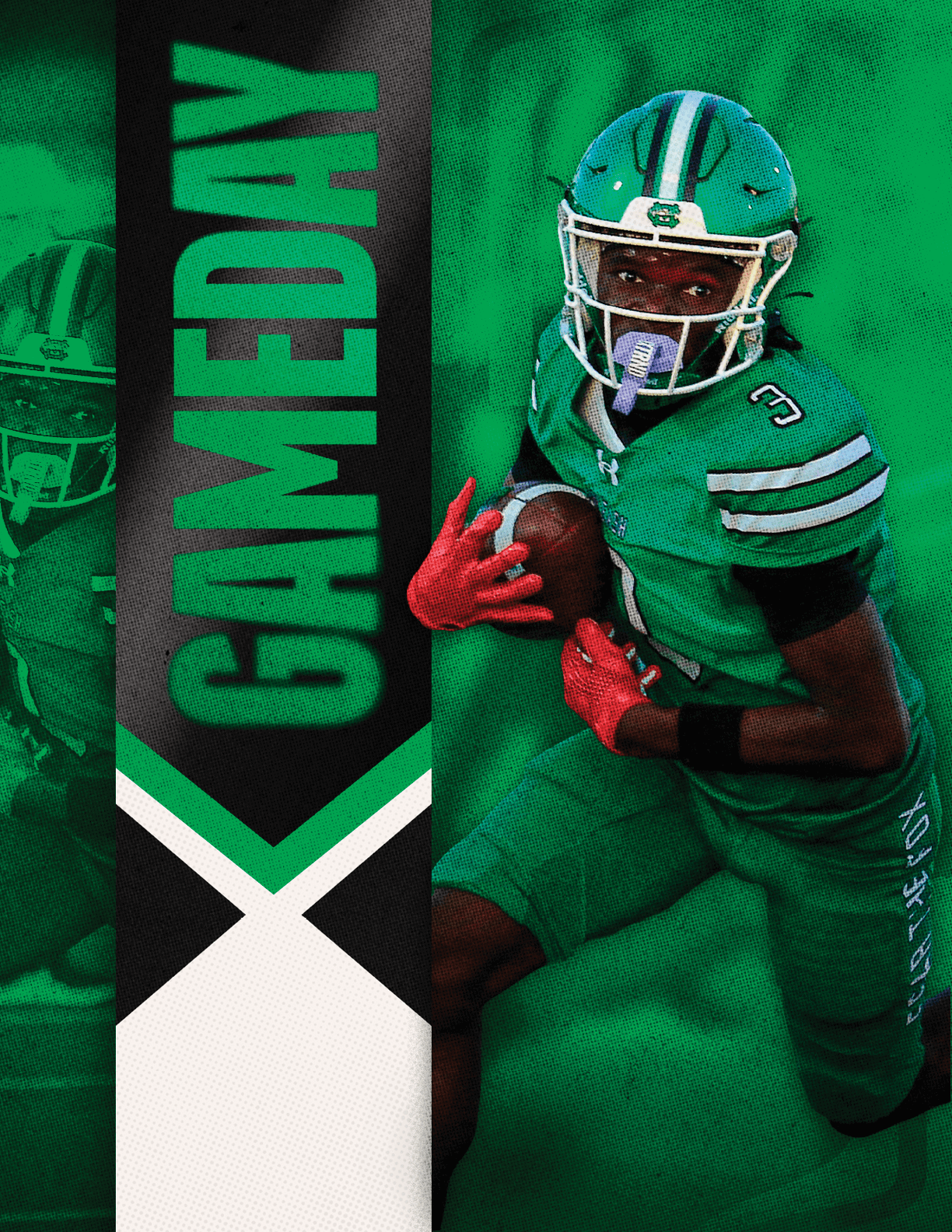 A person in a green football uniform with red gloves is running while holding a football, with the word GAMEDAY displayed vertically on a black and green background. Descripci n generada con IA
