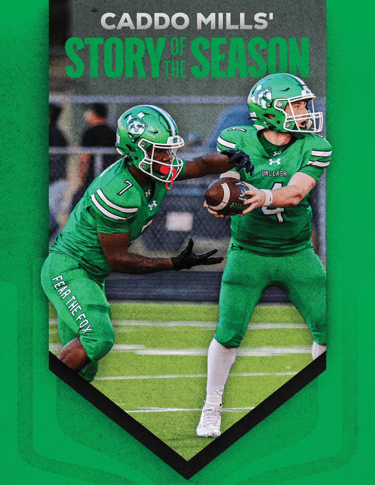 Two people in green football uniforms are on a field with one preparing to hand off the ball to the other, with text above them reading “Caddo Mills' Story of the Season." Descripci n generada con IA