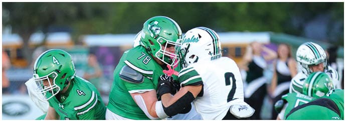 People wearing green and white football uniforms are engaged in a play on a football field with a blurred crowd in the background. Descripci n generada con IA
