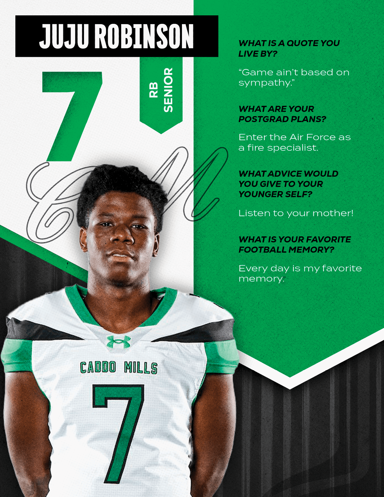 A person wearing a Caddo Mills football jersey with the number 7 stands next to text featuring their name Juju Robinson, position RB Senior, and answers about a favorite quote, postgrad plans, advice to younger self, and favorite football memory. Descripci n generada con IA