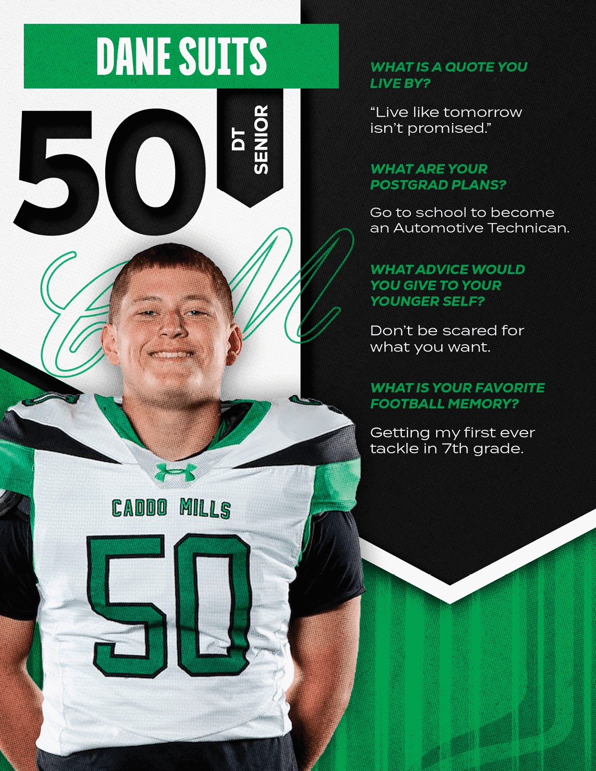 An adult wearing a football jersey with the number 50 stands smiling next to text sharing their name, senior status, and personal quotes about life, post-graduation plans, advice, and a favorite football memory. Descripci n generada con IA