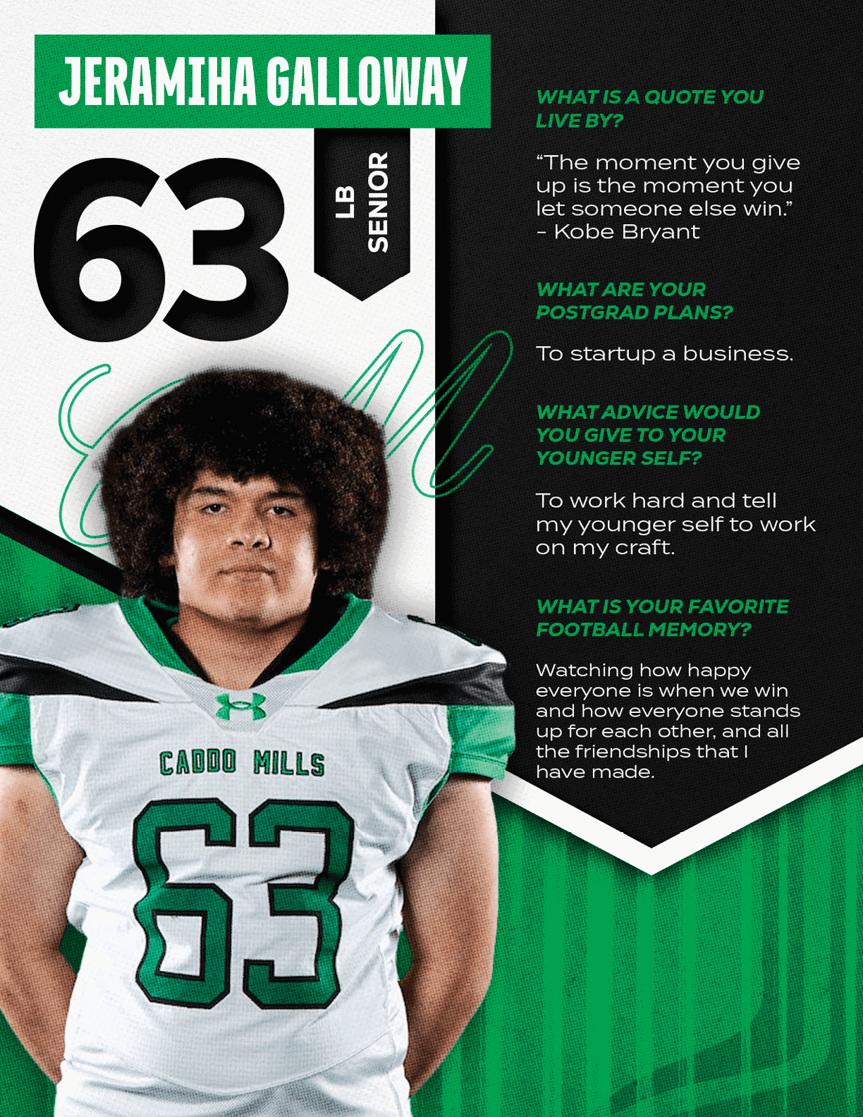 An adult wearing a football jersey with the number 63 and the name Jeramiha Galloway stands next to text featuring a motivational quote, postgrad plans, advice to younger self, and a favorite football memory. Descripci n generada con IA