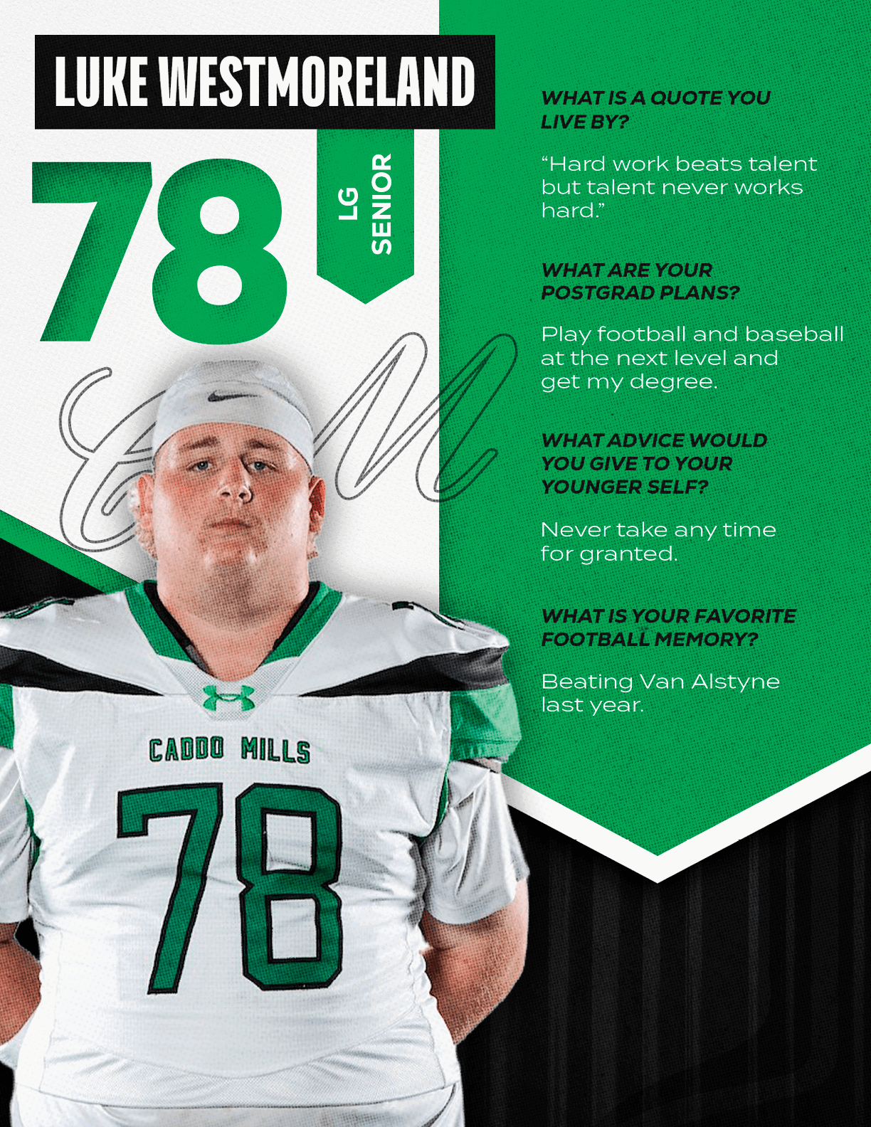 A person wearing a white and green football uniform with the number 78 and a white cap is featured alongside text about their name, position, senior status, and personal quotes about work ethic, postgrad plans, advice, and favorite memory. Descripci n generada con IA