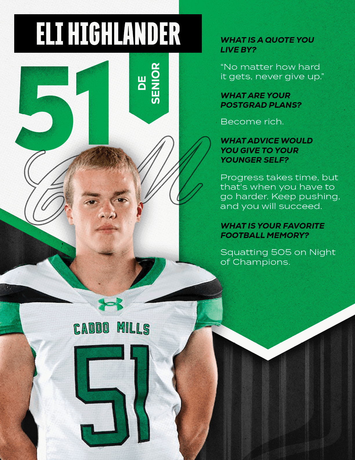 A person wearing a Caddo Mills football jersey with the number 33 stands in front of a green and black background with text about Donald Pierson's quote, postgrad plans, advice, and favorite football memory. Descripci n generada con IA