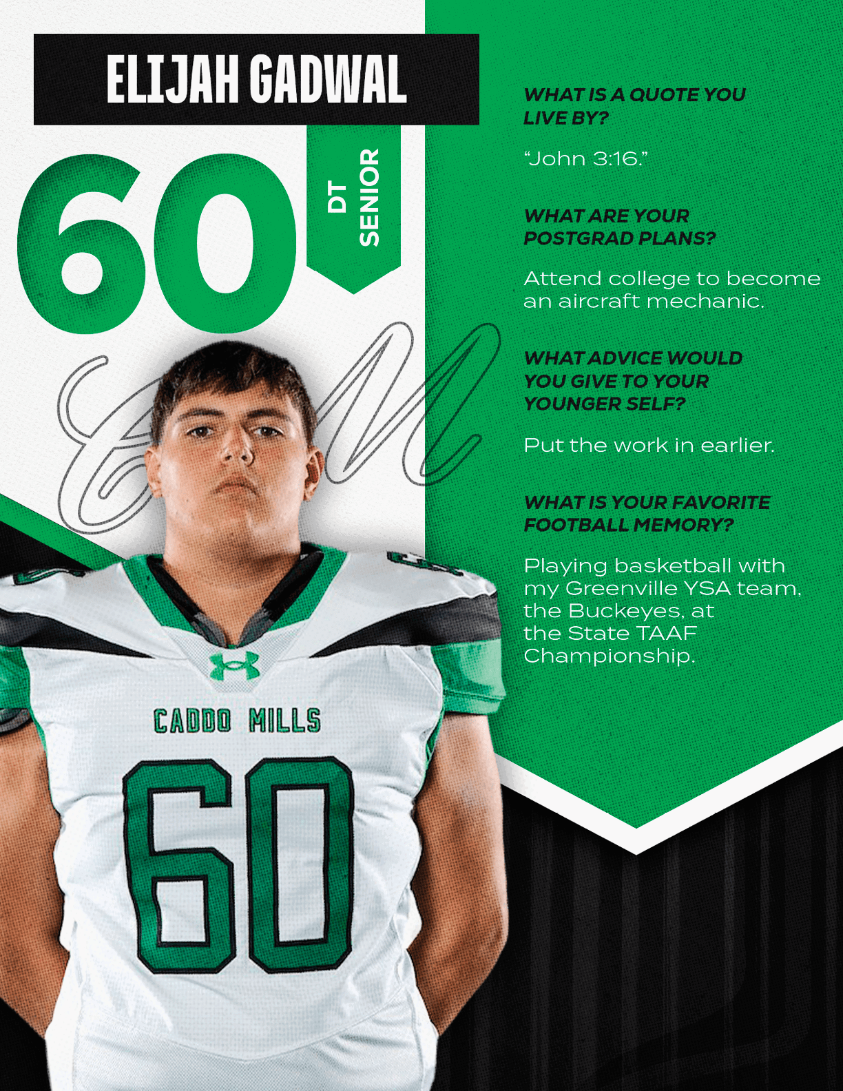 A person wearing a football uniform with the number 60 stands next to text highlighting their name, position as a senior, and answers about a favorite quote, post-graduation plans, advice, and a favorite football memory. Descripci n generada con IA