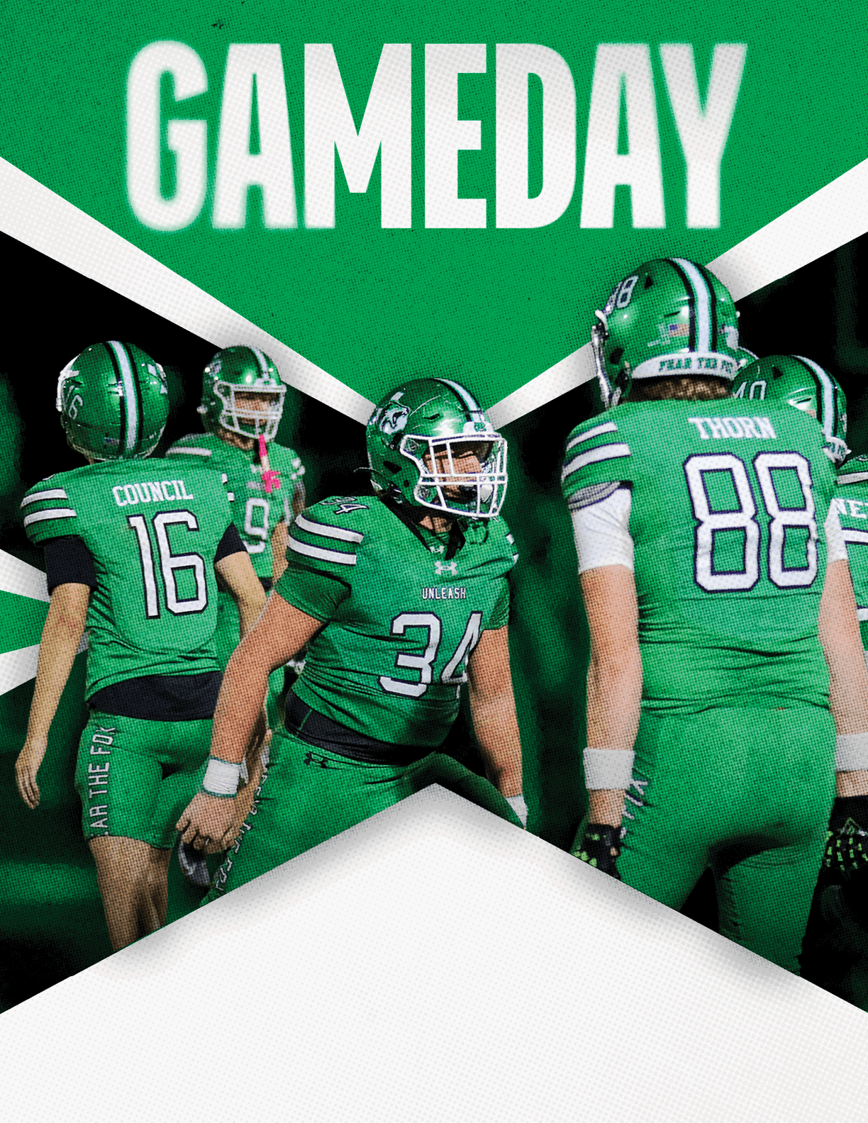 Four people in green football uniforms and helmets stand together under the bold word GAMEDAY on a green and white background. Descripci n generada con IA
