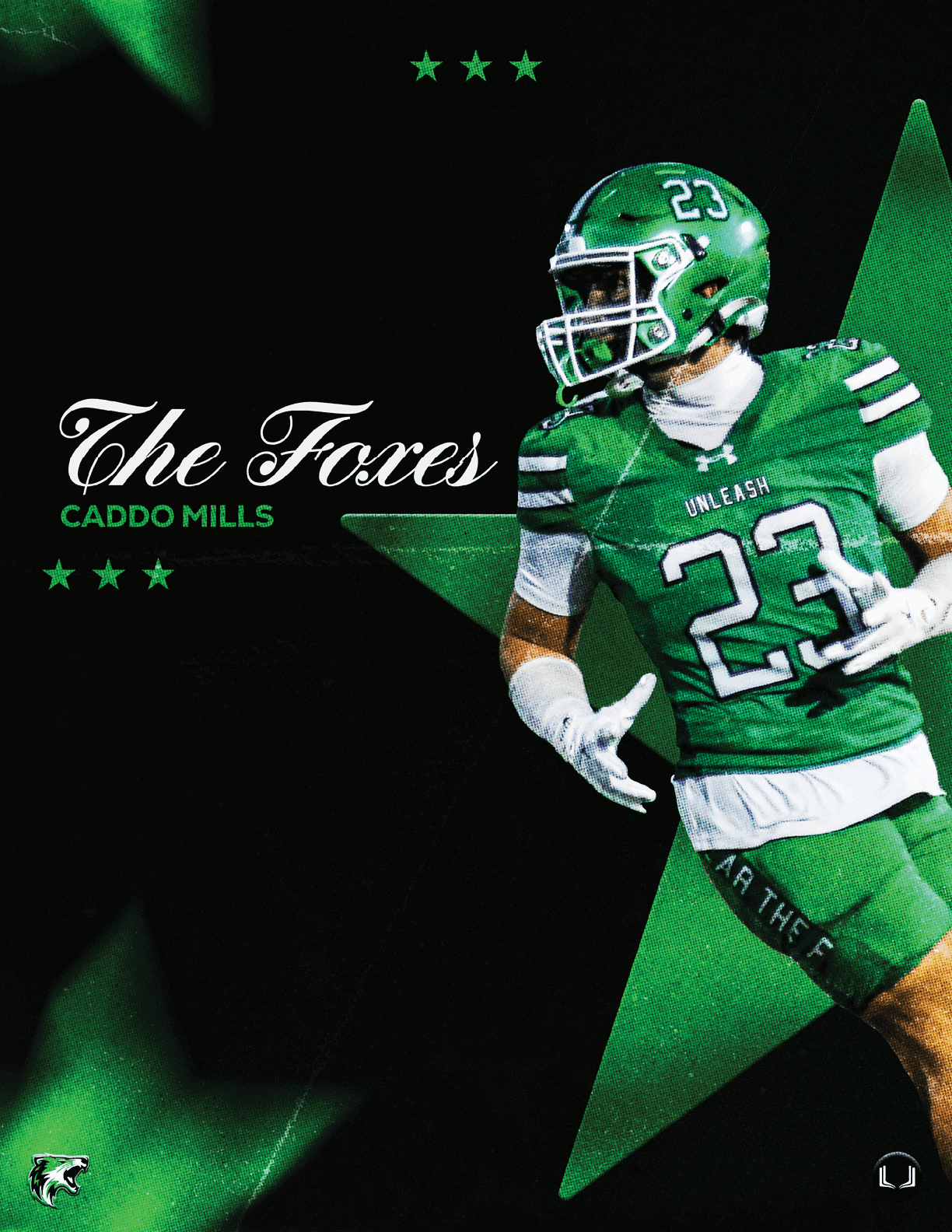 A person in a green football uniform with the number 23 is running against a black background with green star graphics and the text “The Foxes Caddo Mills." Descripci n generada con IA
