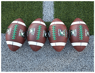 Three brown footballs with green laces and white stripes are lined up on a turf field with a white yard line visible. Descripci n generada con IA