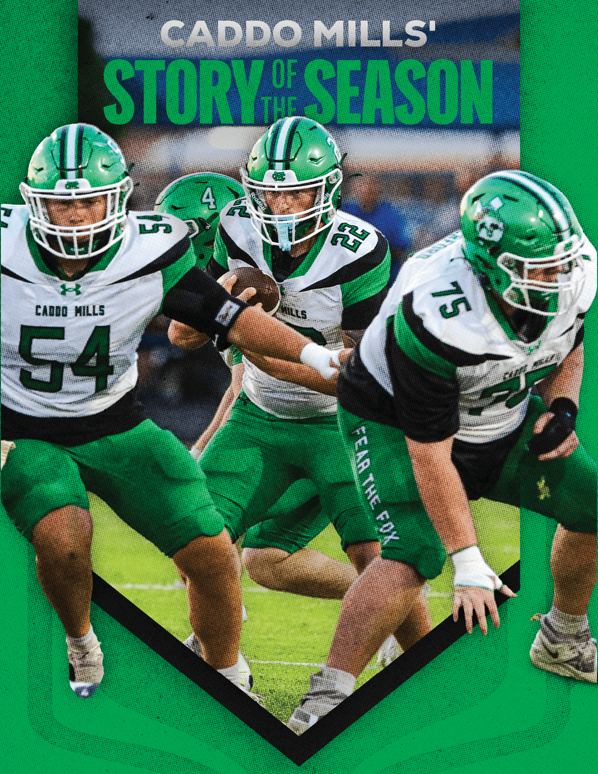 Three people in green and white football uniforms with helmets are actively playing on a field with the text “CADDO MILLS' STORY OF THE SEASON" above them. Descripci n generada con IA