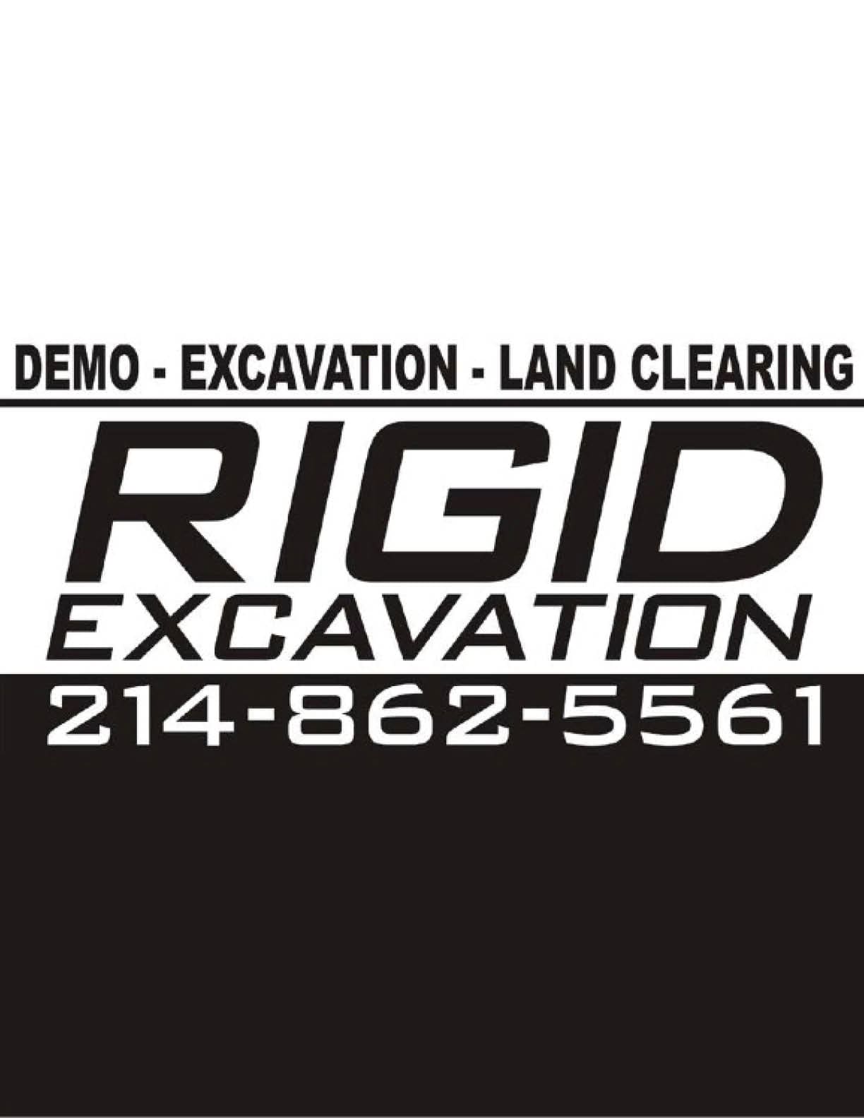 Bold black and white text advertising demo, excavation, and land clearing services by Rigid Excavation with a phone number displayed. Descripci n generada con IA