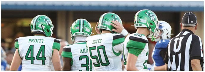 People wearing green and white football uniforms are engaged in a play on a football field with a blurred crowd in the background. Descripci n generada con IA