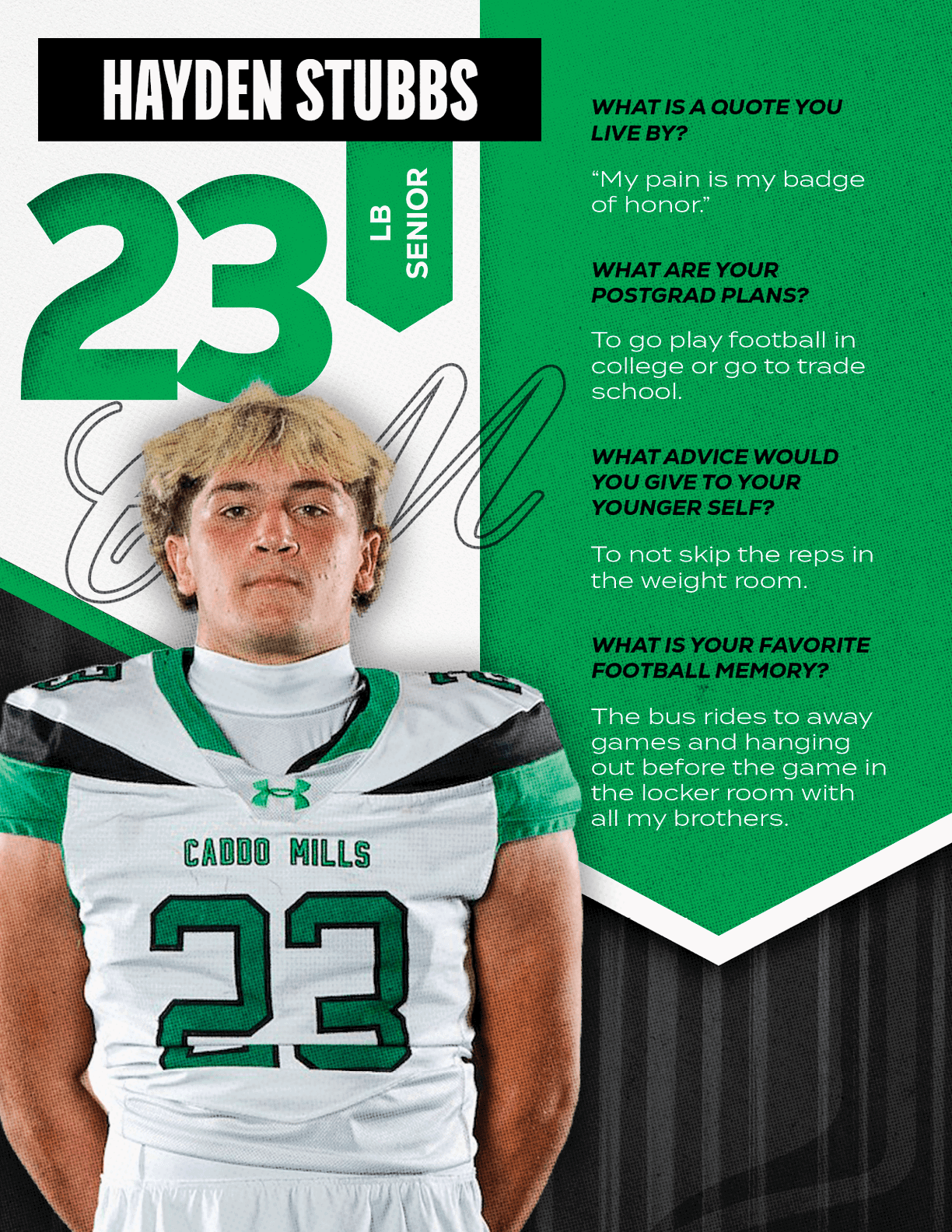 An adult wearing a football uniform with the number 23 stands next to text sharing personal quotes about pride, future plans, advice to younger self, and a favorite football memory. Descripci n generada con IA