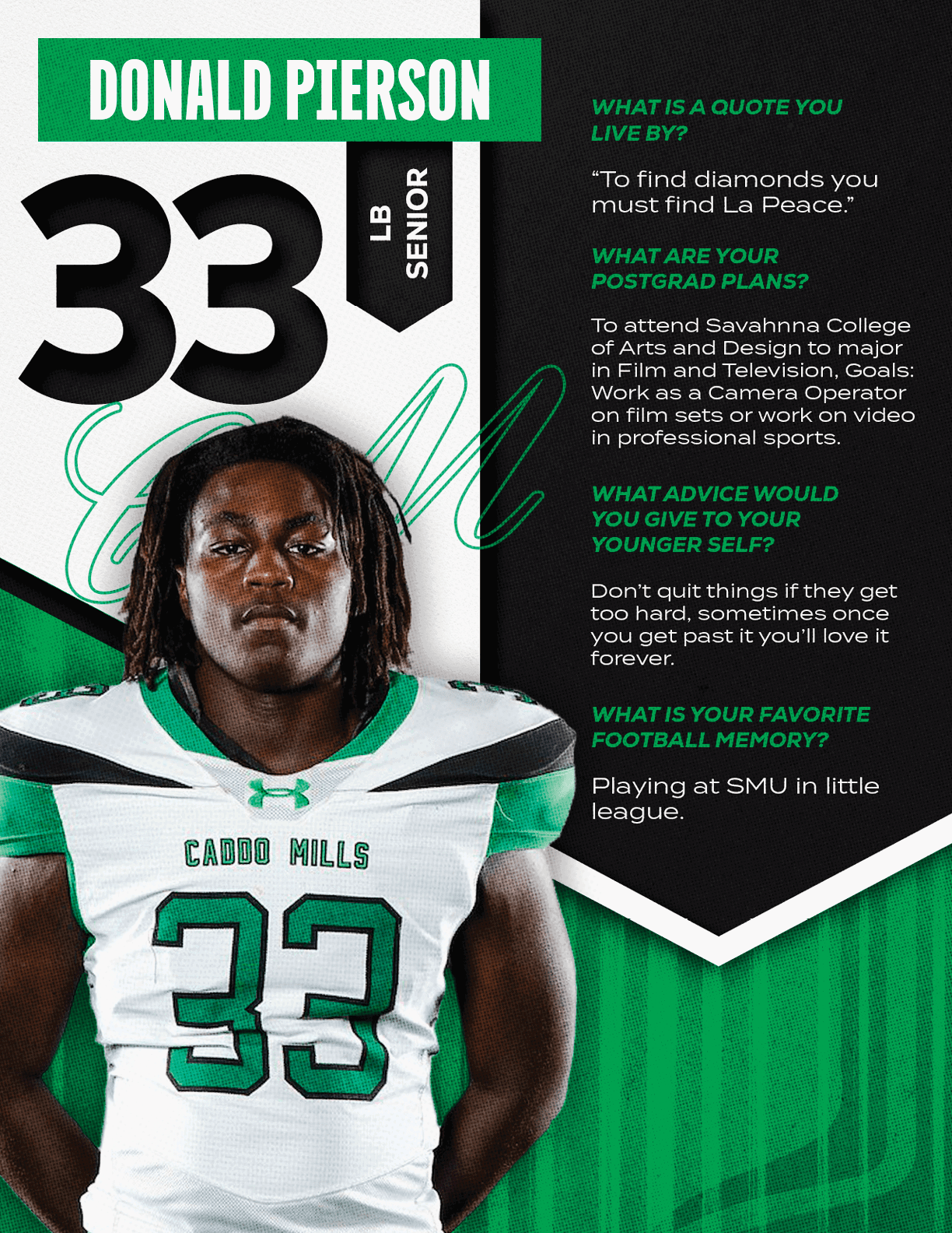 A person wearing a Caddo Mills football jersey with the number 33 stands in front of a green and black background with text about Donald Pierson's quote, postgrad plans, advice, and favorite football memory. Descripci n generada con IA