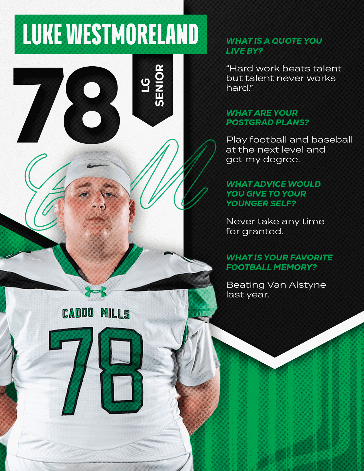 A person wearing a white and green football uniform with the number 78 and a white cap is featured alongside text about their name, position, senior status, and personal quotes about work ethic, postgrad plans, advice, and favorite memory. Descripci n generada con IA