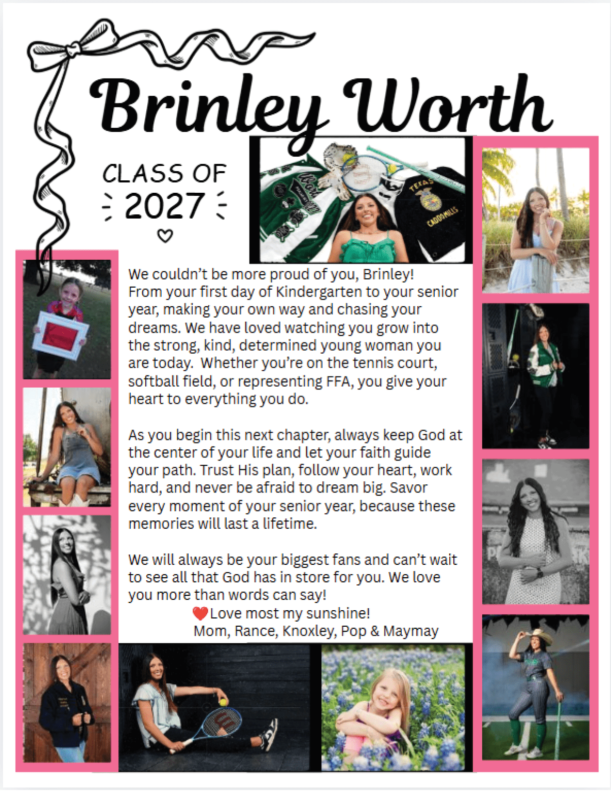 A celebratory collage for a graduating person from the class of 2027 features multiple photos of the person in casual and graduation attire, surrounded by a heartfelt message from family expressing pride, encouragement, and love. Descripci n generada con IA