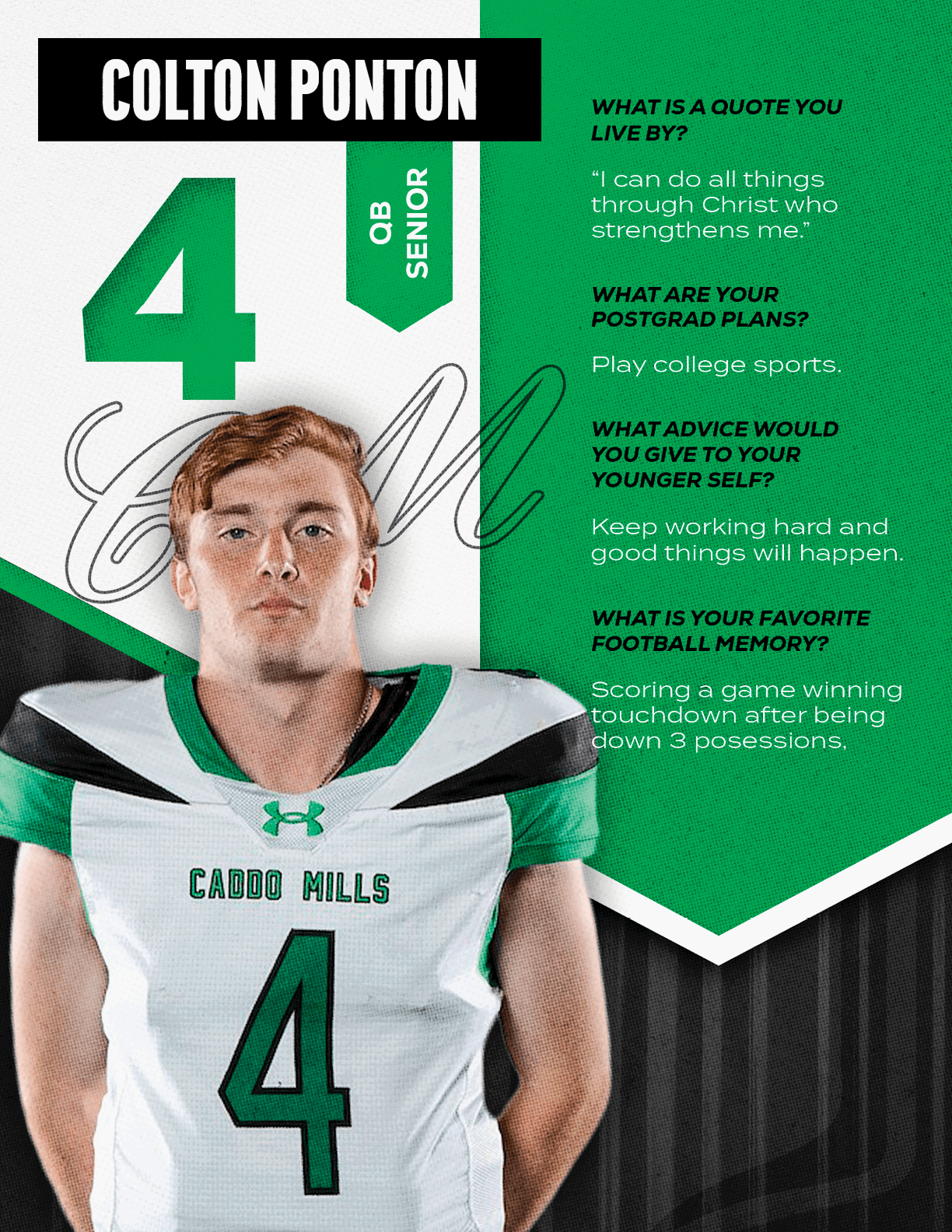 Person wearing a football jersey with the number four and the name Cabot Mills stands next to text featuring the name Colton Ponton, position QB Senior, and quotes about life, postgrad plans, advice, and a favorite football memory. Descripci n generada con IA