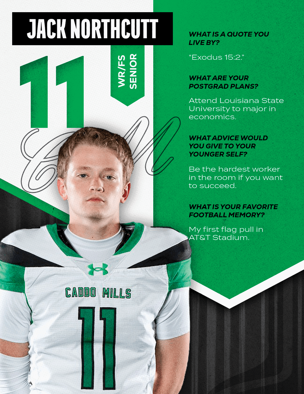 A person wearing a Caddo Mills football jersey with the number 7 stands next to text featuring their name Juju Robinson, position RB Senior, and answers about a favorite quote, postgrad plans, advice to younger self, and favorite football memory. Descripci n generada con IA