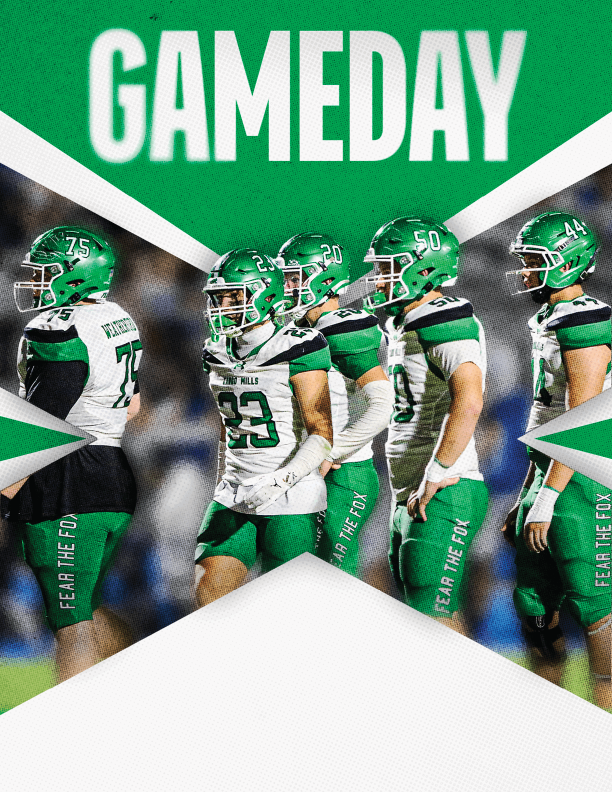 Four people in green football uniforms and helmets stand together under the bold word GAMEDAY on a green and white background. Descripci n generada con IA