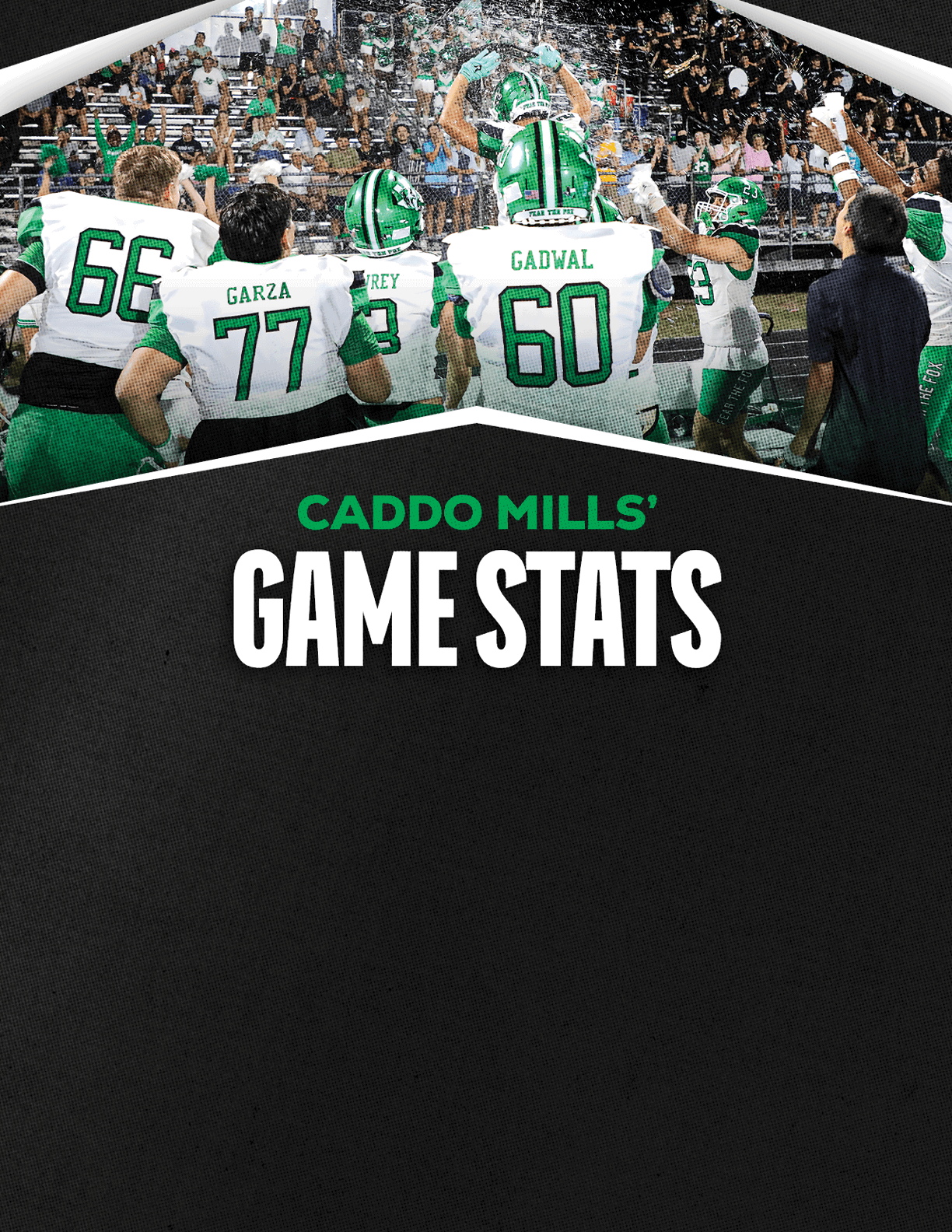 Five people wearing green football uniforms and helmets stand together under a green tent with the text Caddo Mills' Game Stats displayed below them on a black background. Descripci n generada con IA