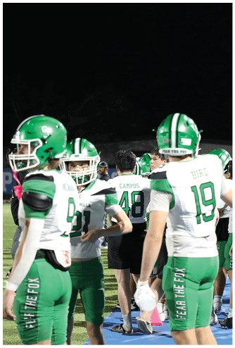 People wearing green and white football uniforms are gathered on a field at night. Descripci n generada con IA