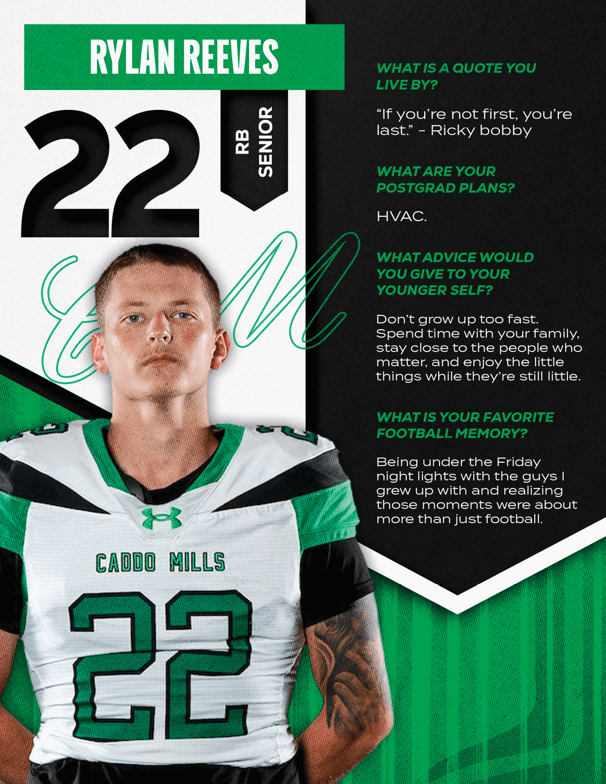 A person wearing a football uniform with the number 60 stands next to text highlighting their name, position as a senior, and answers about a favorite quote, post-graduation plans, advice, and a favorite football memory. Descripci n generada con IA