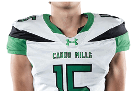 A person wearing a white and green football jersey with the number 15 and the words Caddo Mills on the front. Descripci n generada con IA