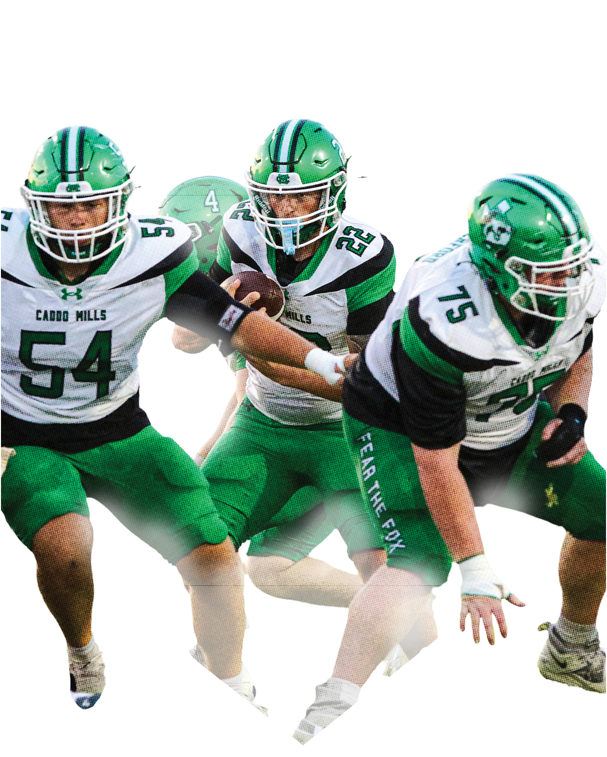 Two people in green football uniforms are on a field with one preparing to hand off the ball to the other, with text above them reading “Caddo Mills' Story of the Season." Descripci n generada con IA
