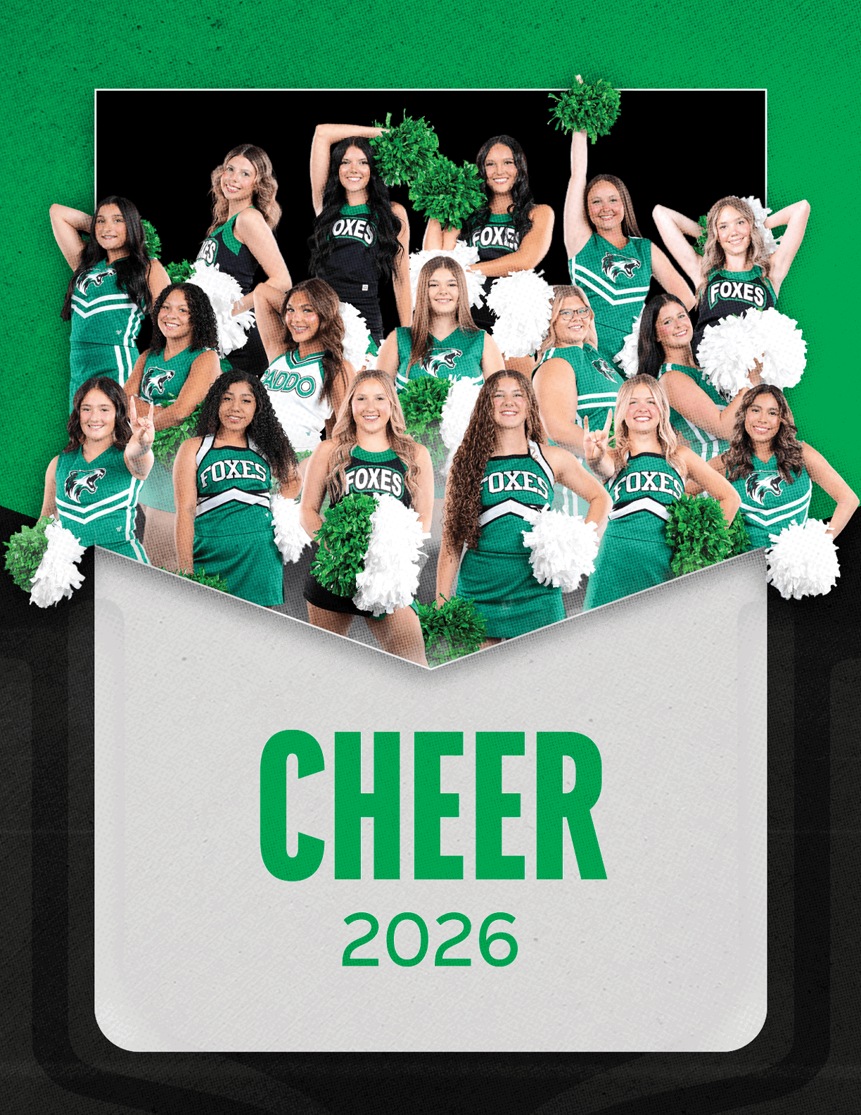 A group of cheerleaders in green and black uniforms holding pom-poms pose together above the word cheer and the year 2026 on a green and gray background. Descripci n generada con IA