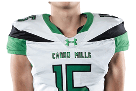 A person wearing a white and green football jersey with the number 15 and the words Caddo Mills on the front. Descripci n generada con IA