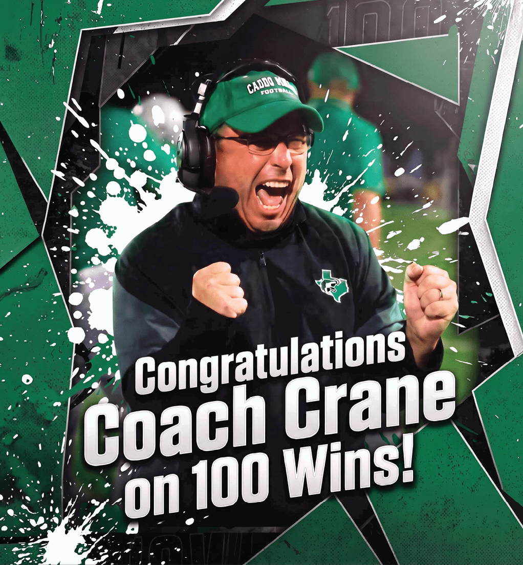 A person wearing a headset and a green cap is celebrating enthusiastically with clenched fists in front of a green background with text congratulating Coach Crane on 100 wins. Descripci n generada con IA
