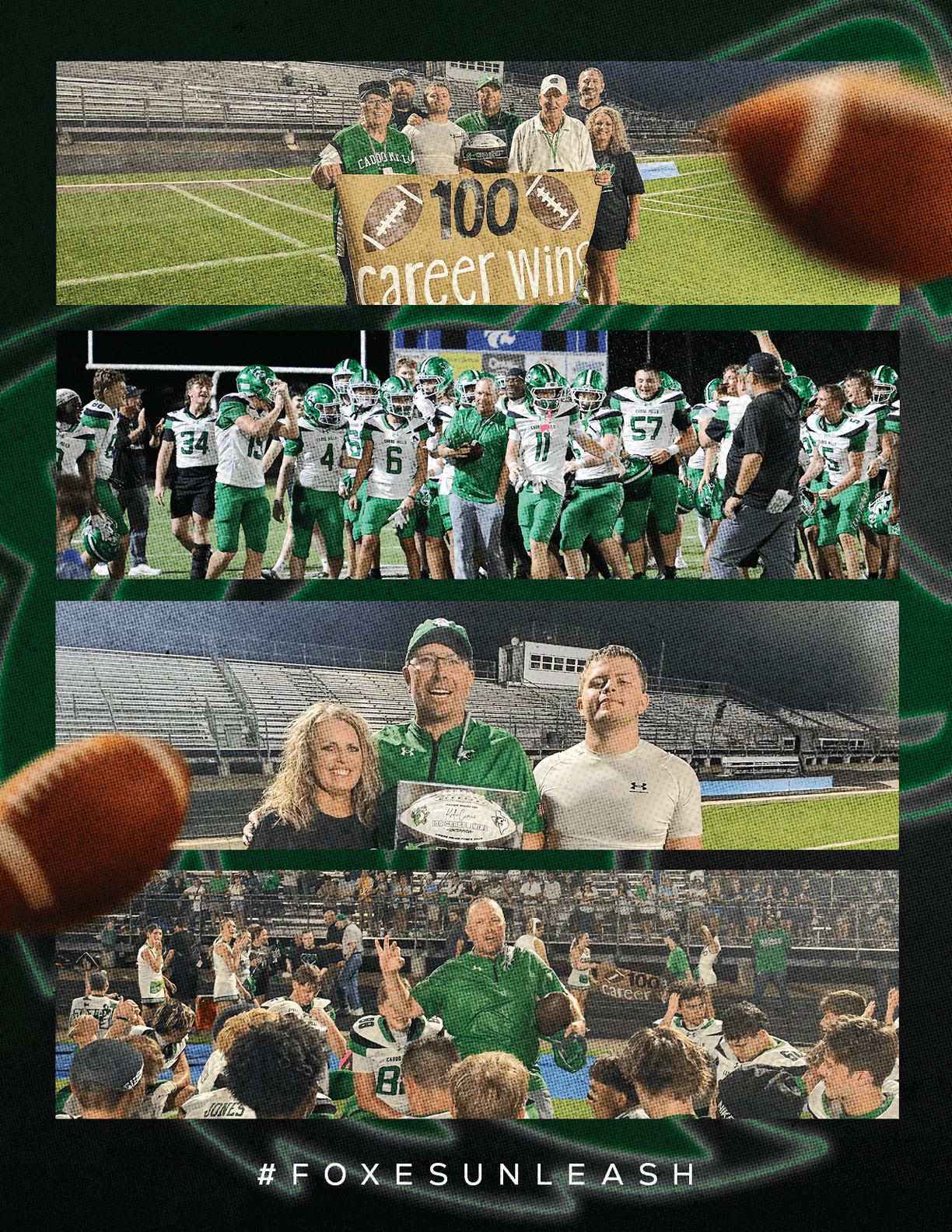 People in football uniforms and casual clothing celebrate on a field with a banner reading “100 career wins" and a cake, with the hashtag #FOXESUNLEASH visible. Descripci n generada con IA