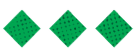Three green diamond shapes with small black dots arranged in a row on a white background. Descripci n generada con IA