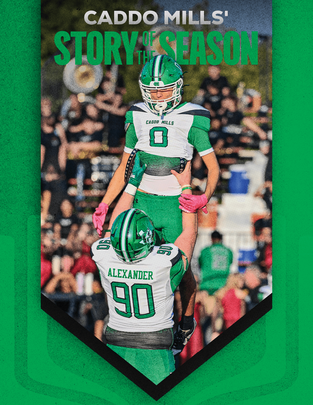 Two people in green and white football uniforms celebrate on a field with one lifting the other, with text above reading “Caddo Mills' Story of the Season." Descripci n generada con IA