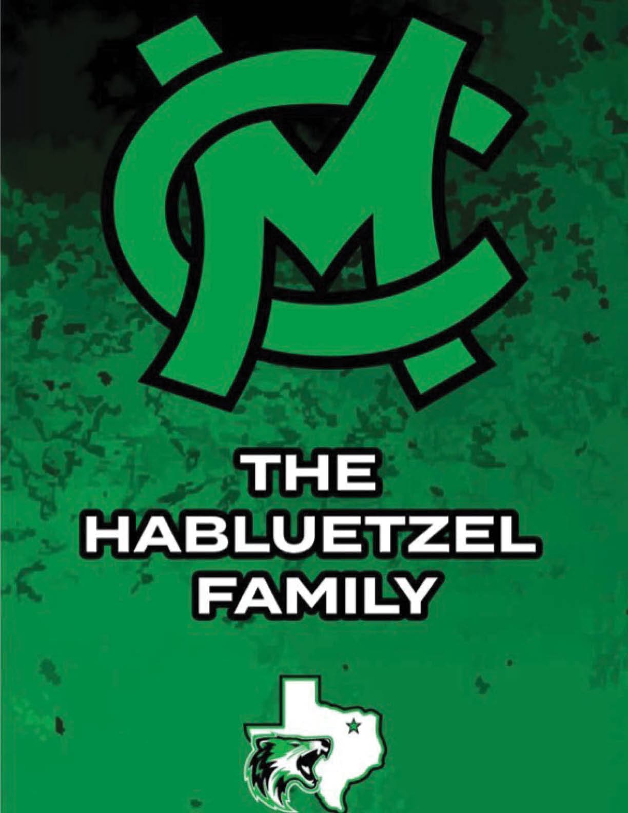 A green and black stylized logo above the text “THE HABLUETZEL FAMILY" with a white outline of Texas featuring a roaring panther and a star inside. Descripci n generada con IA