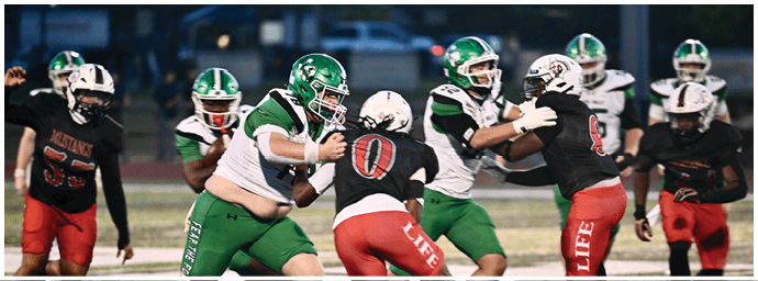 People wearing green and black football uniforms are actively engaged in a game on a field during what appears to be evening or night. Descripci n generada con IA