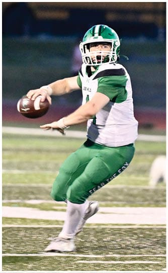 A person in green sports gear is holding a football and appears to be preparing to throw it on a grassy field with a school bus in the background. Descripci n generada con IA