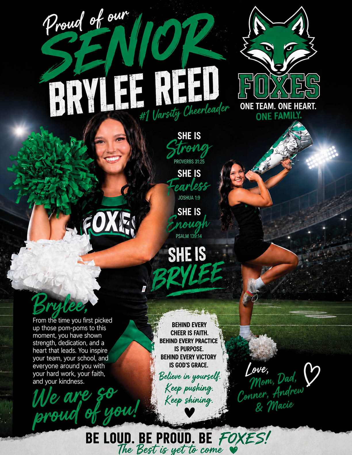 A person in a cheerleading uniform holds green and white pom-poms and a megaphone in a stadium setting with text celebrating a senior named Brylee Reed as a strong, fearless, and enough varsity cheerleader for the Foxes team. Descripci n generada con IA
