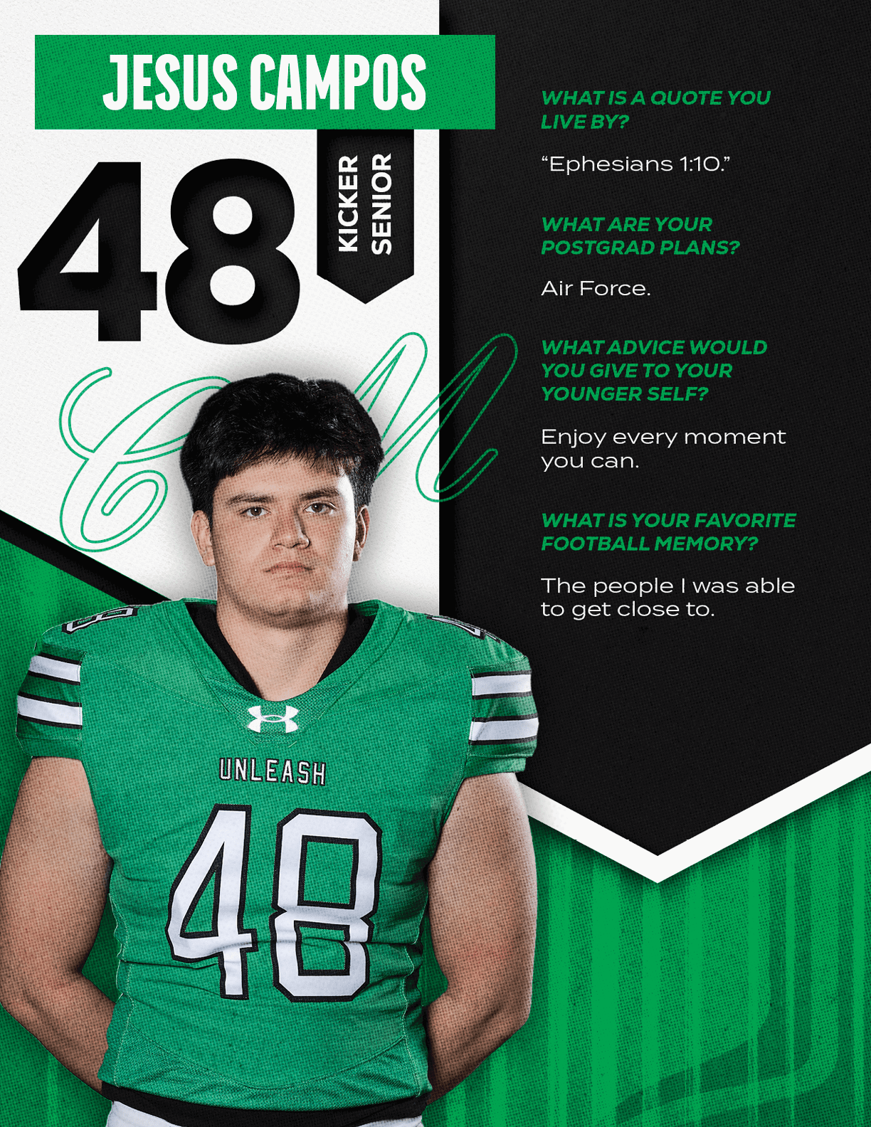 A person wearing a green football jersey with the number 48 stands against a green and black background with text about their name, position as a senior kicker, a quote, postgrad plans, advice to younger self, and favorite football memory. Descripci n generada con IA