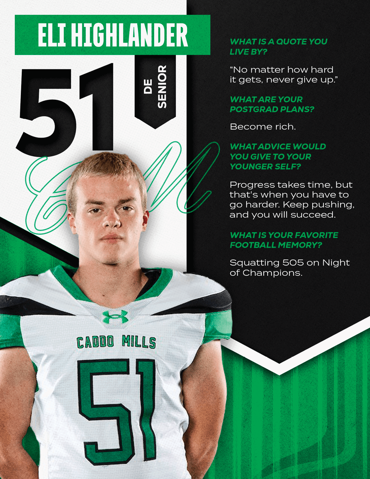 A person wearing a Caddo Mills football jersey with the number 33 stands in front of a green and black background with text about Donald Pierson's quote, postgrad plans, advice, and favorite football memory. Descripci n generada con IA
