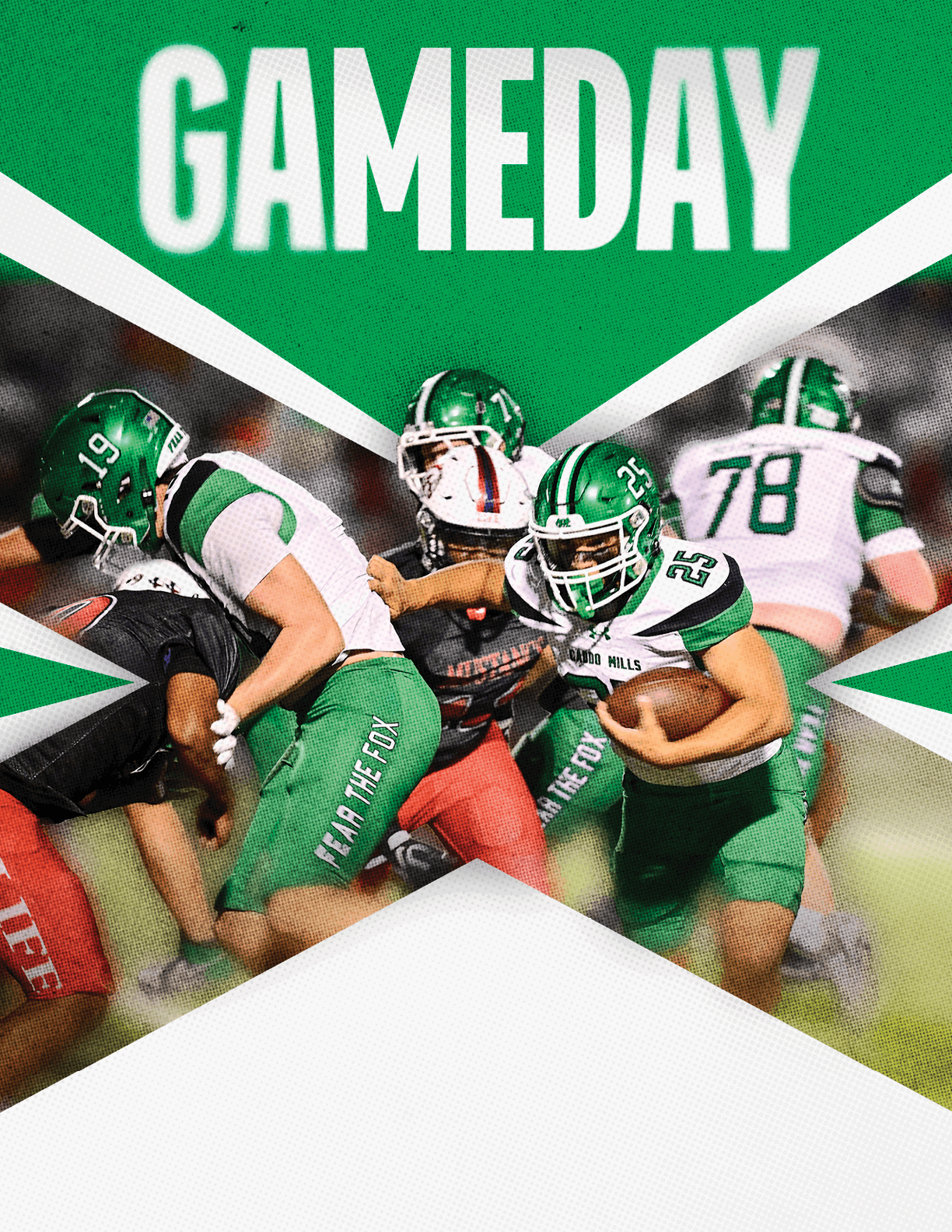 Football players in green and white uniforms are actively engaged in a game with the word GAMEDAY prominently displayed above them. Descripci n generada con IA