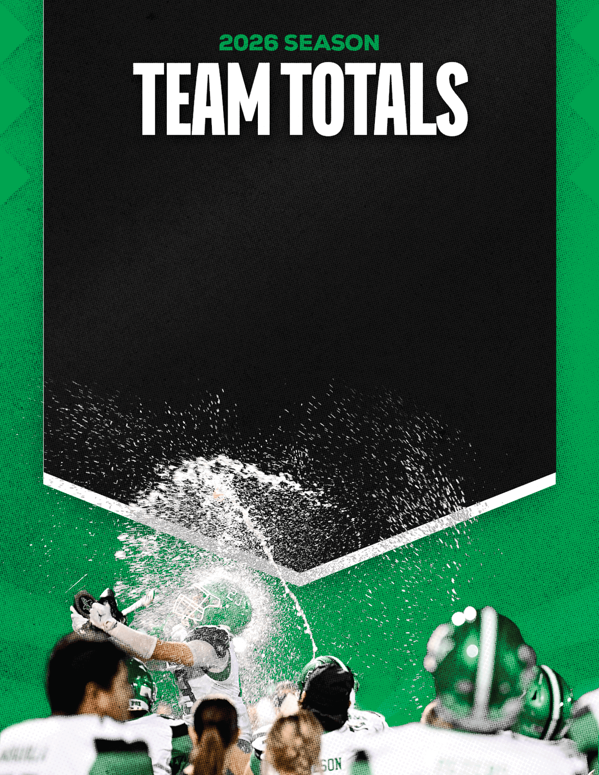 A group of people in sports uniforms celebrate energetically with one person spraying a liquid into the air under a banner that reads “2026 Season Team Totals." Descripci n generada con IA