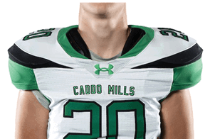Person wearing a white and green football jersey with the number 20 and the words “Caddo Mills" on the front. Descripci n generada con IA